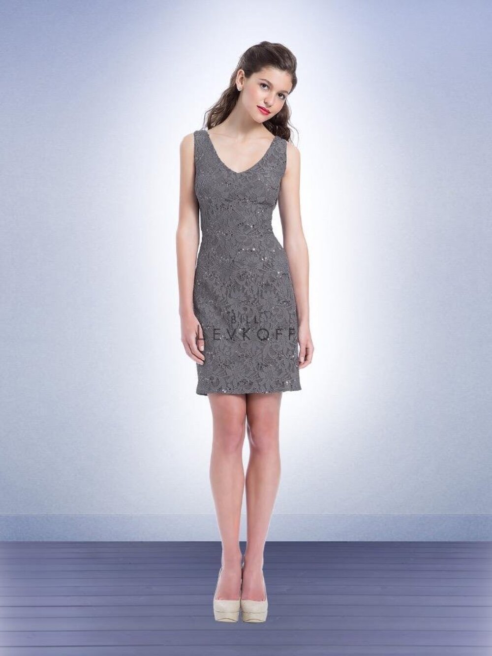 Bill Levkoff 1158 Bridesmaid Dress Pewter Gray V Neck Lace Short 10 NWT